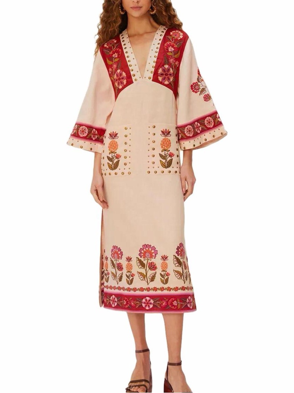 NWT Farm Rio Floral Embroidered Studded Kaftan Dress in Blush & Deep Rose